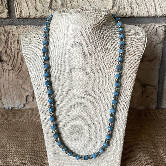 Necklace polished ocean blue aquamarine Silver & Crystal spacers Adjustable - Picture 10 of 13